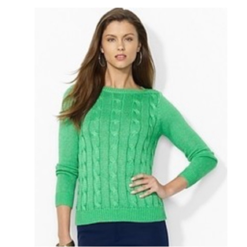NEW! Lauren Ralph Lauren Green Cable Knit Boat Neck Sweater Cotton Blend Small